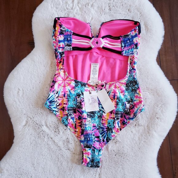 Jessica Simpson Women's Firework V-Wire Bandeau One-Piece Swimsuit Size Medium - Picture 4 of 16